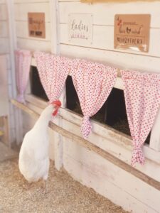 selbstgenähte Vorhänge im Hühnerstall und die Deko-Schilder der Hühnegeschichten-Kollektion