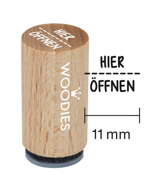Mini-Woodie-Stempel Durchmesser 1,1 cm Edition Hühnergeschichten „Hier öffnen“